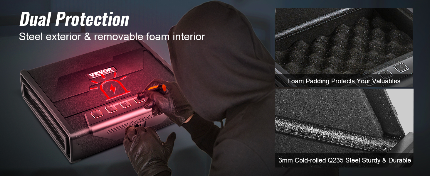 VEVOR biometric gun safe features a steel exterior, foam interior, and advanced security technology.