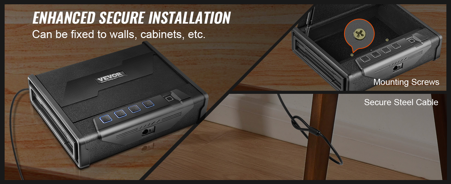 VEVOR biometric gun safe with mounting screws and secure steel cable for enhanced installation.
