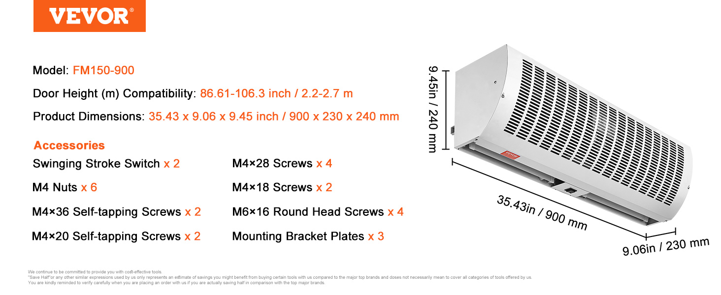 VEVOR air curtain fm150-900 with detailed dimensions, compatibility, and accessory list.