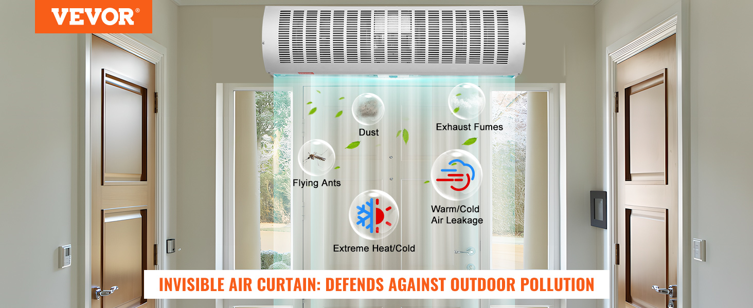 VEVOR air curtain blocking dust, exhaust fumes, flying ants, and temperature changes at door entrance.