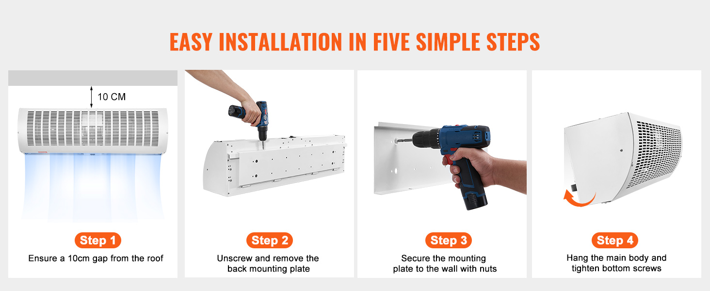 VEVOR air curtain installation steps: ensure 10cm gap, remove mounting plate, secure to wall, hang body.