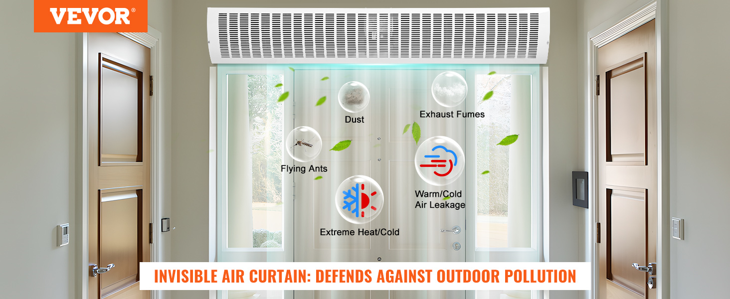 VEVOR indoor air curtain protecting against dust, exhaust fumes, flying ants, and temperature extremes.