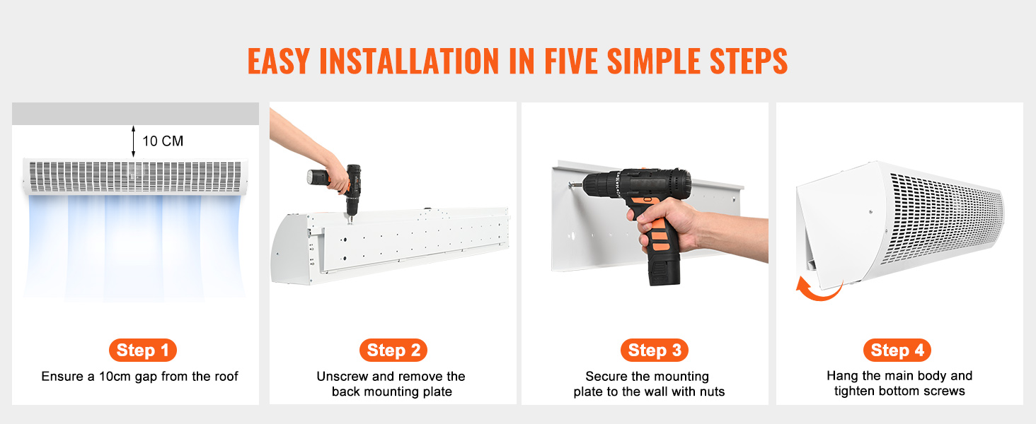 VEVOR indoor air curtain installation guide in four steps with text and images displaying the process.