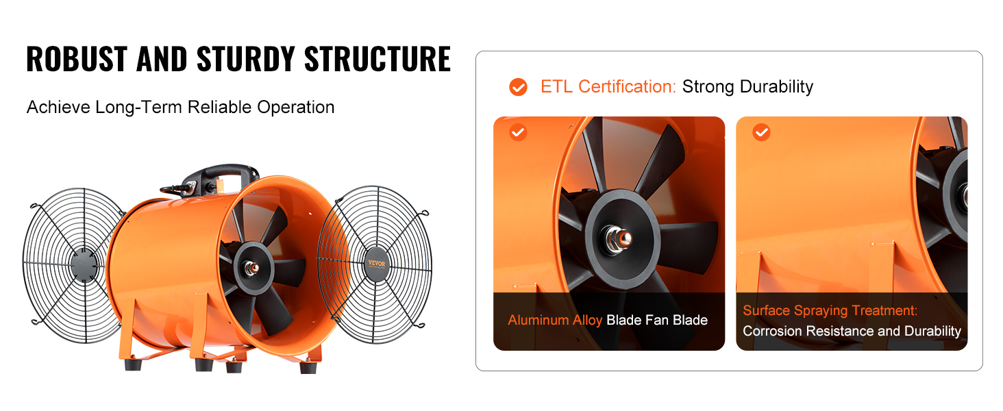 Ventilatore portatile VEVOR con pale in lega di alluminio, spruzzatura superficiale, certificazione ETL per una maggiore durata.