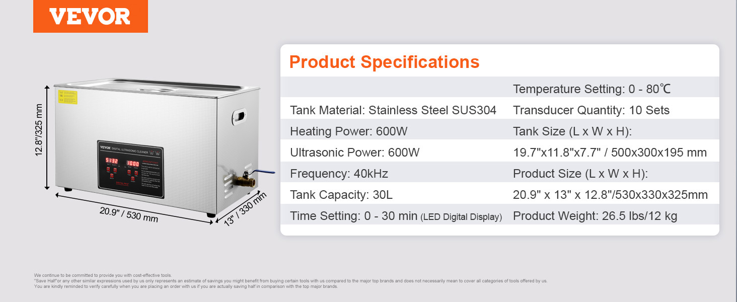 VEVOR ultrasonic cleaner with stainless steel tank, 650w heating, 30l capacity, and led digital display.