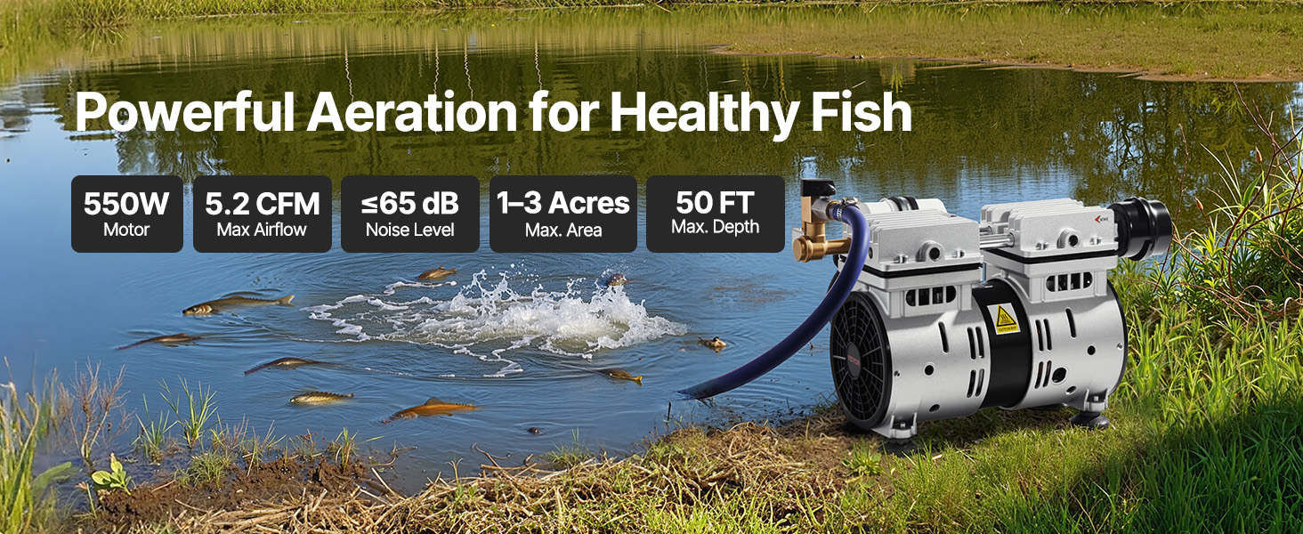 Подводная аэрационная система VEVOR aerator производительностью 5,2 куб. фута в минуту для прудов площадью 1–3 акра, работает на глубине 50 футов.