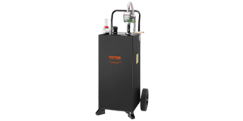 black VEVOR fuel caddy with red wheels, hand pump, hose, and sturdy metal handle.