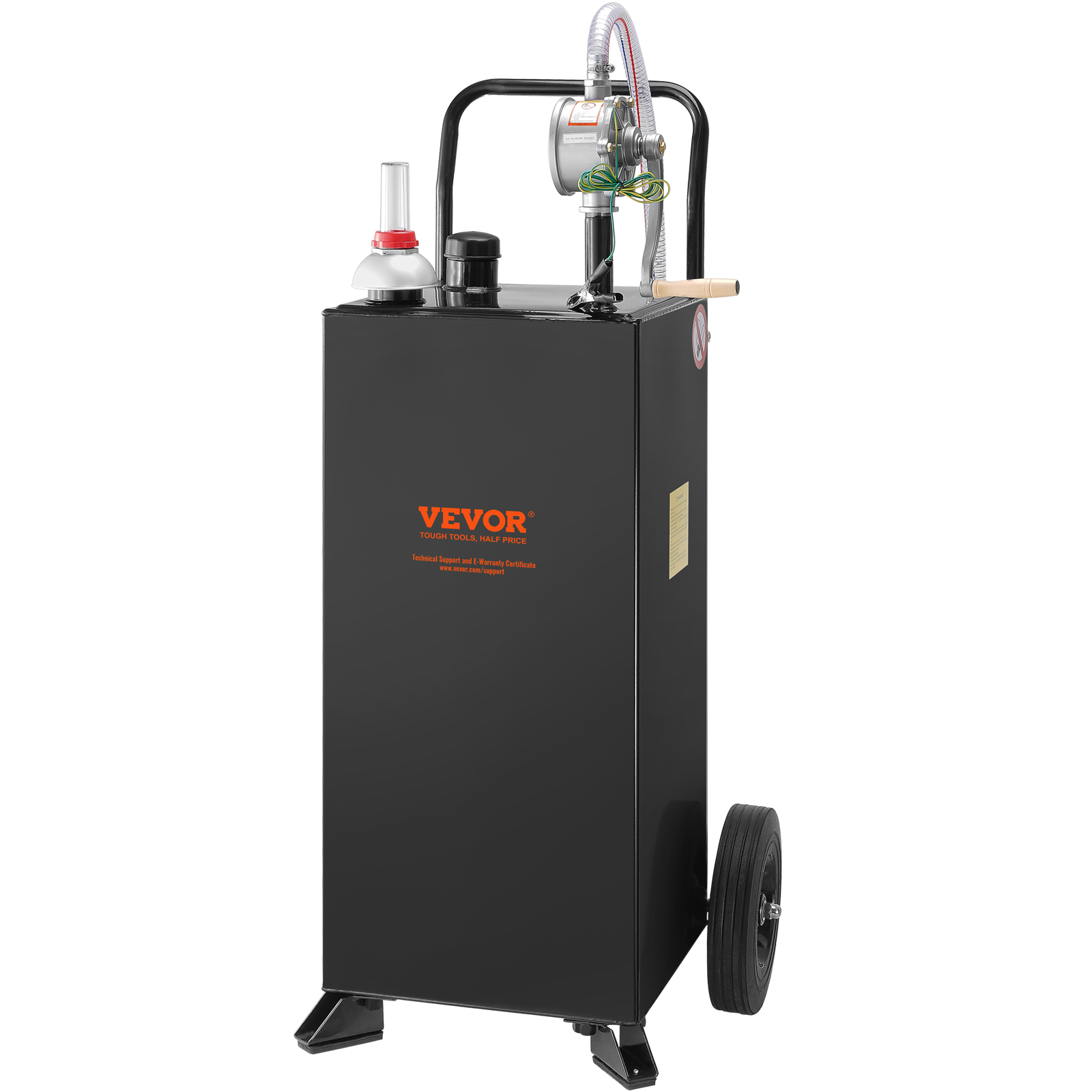 VEVOR fuel caddy with pump, wheels, and hose, designed for easy fuel transport and storage.