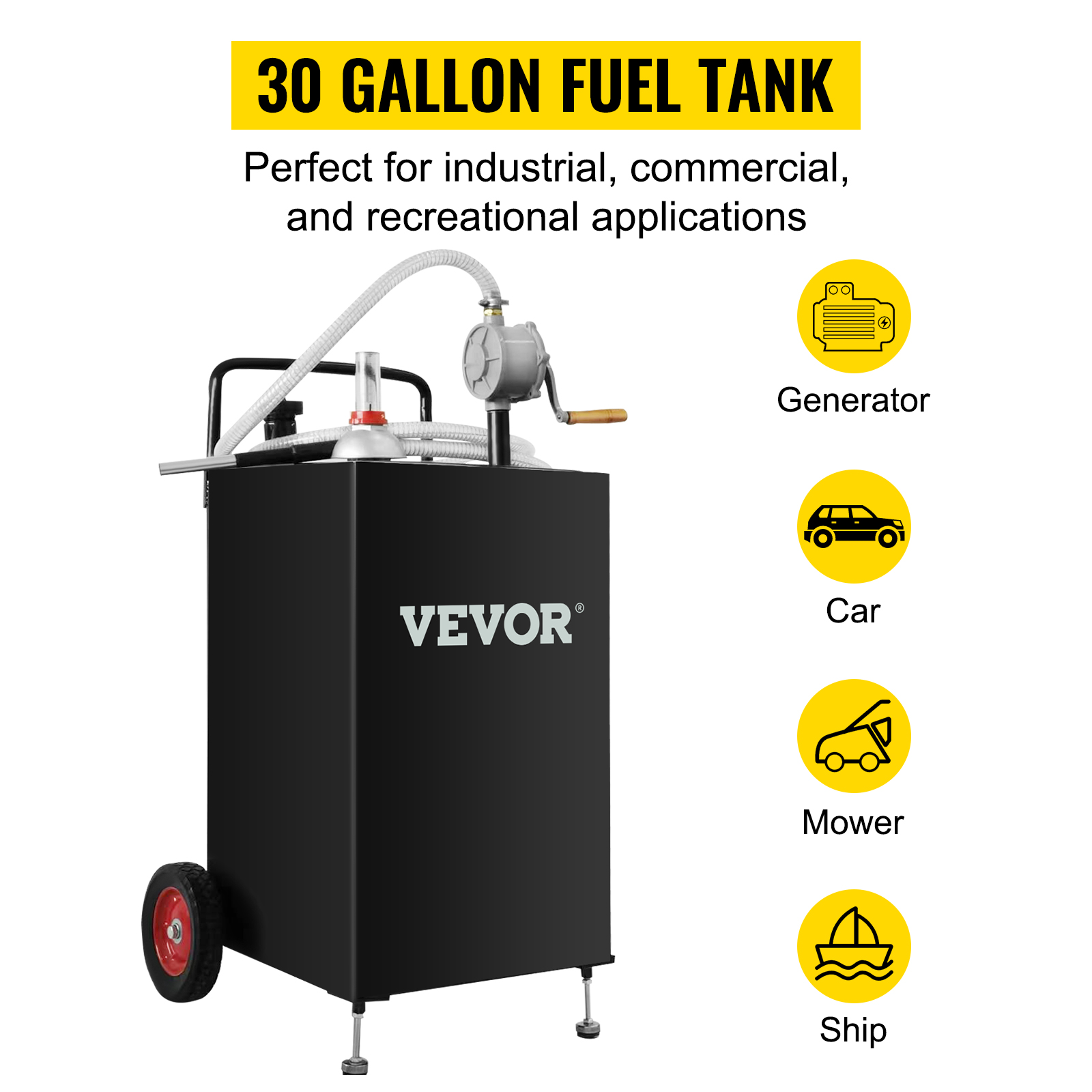 VEVOR fuel caddy, 30-gallon capacity for generators, cars, mowers, and ships.