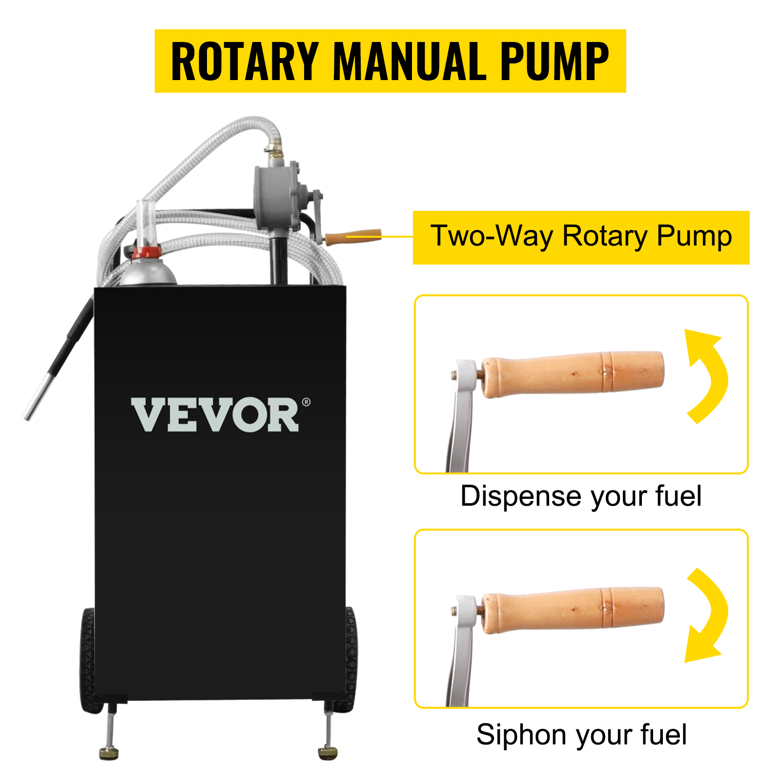 VEVOR fuel caddy with rotary manual pump, two-way operation for dispensing and siphoning fuel.