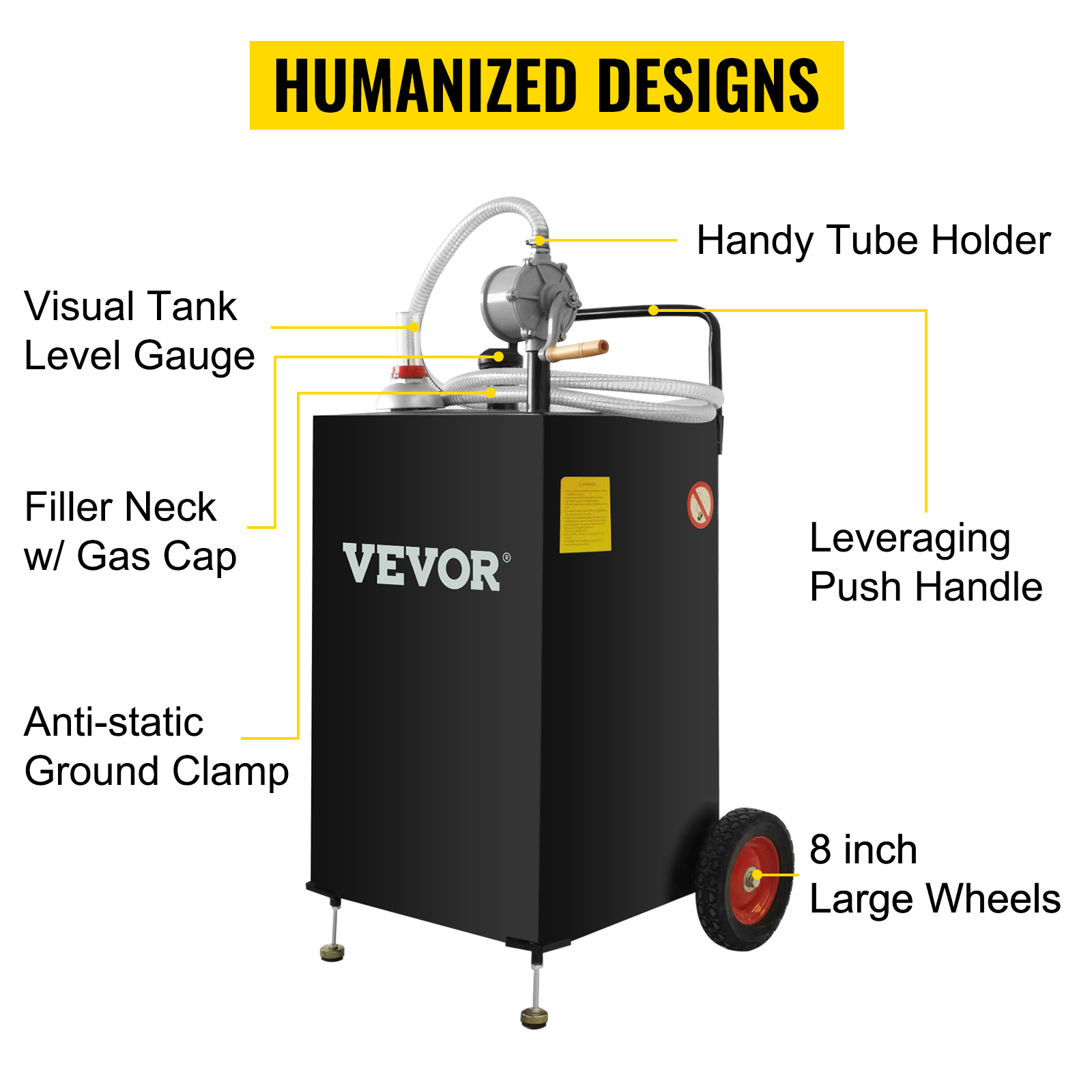 VEVOR fuel caddy with visual tank level gauge, handy tube holder, leveraging push handle, and large wheels.