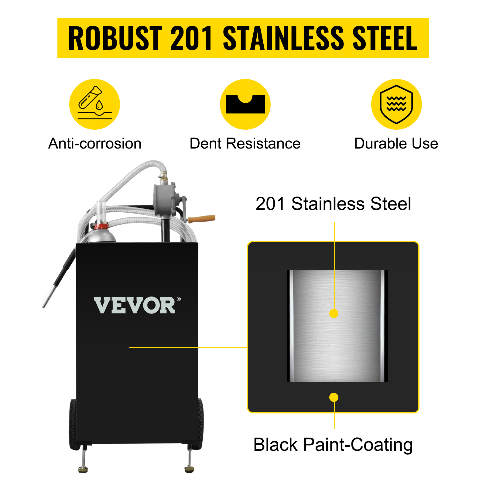 VEVOR fuel caddy with robust 201 stainless steel, black paint-coating, anti-corrosion, dent resistance.