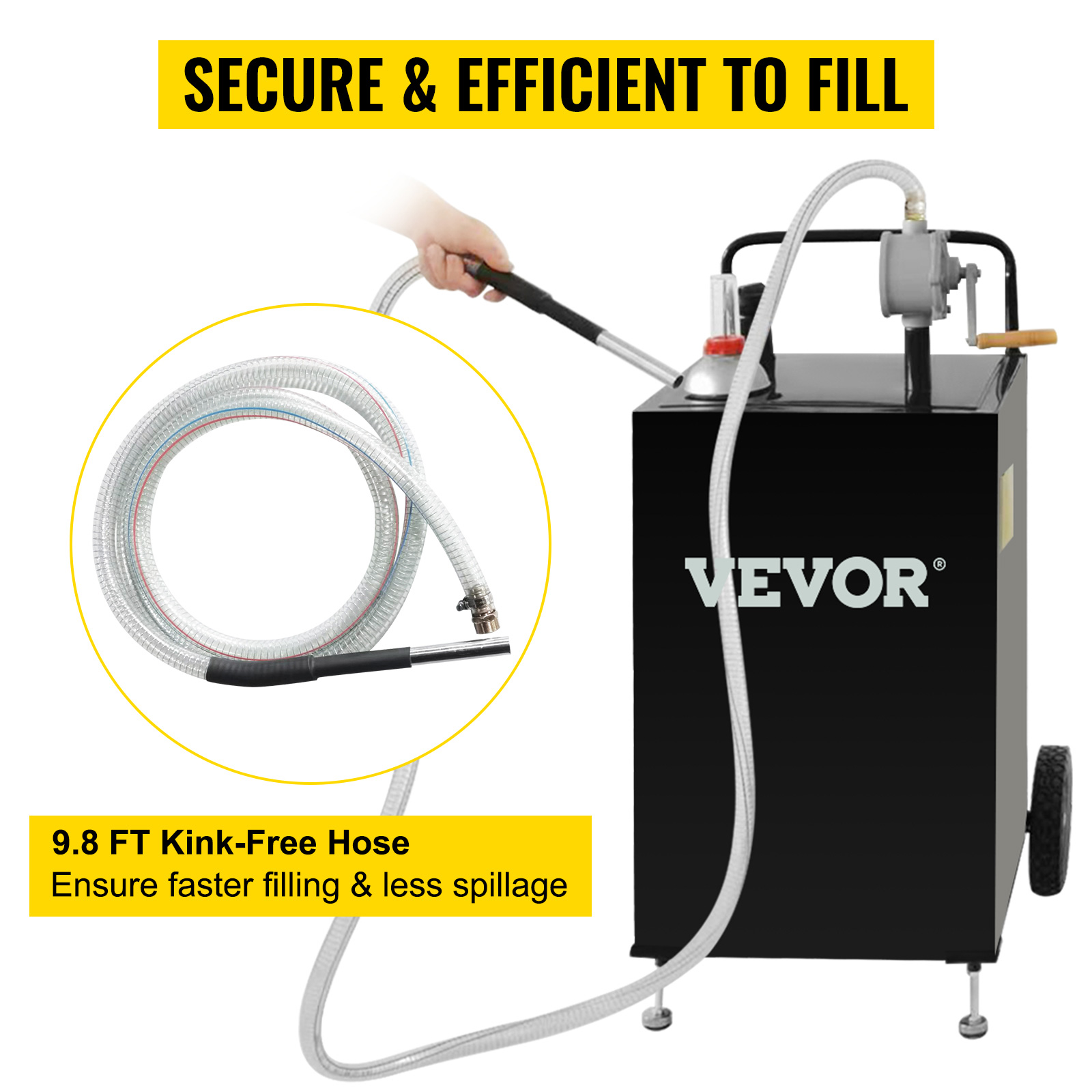 VEVOR fuel caddy with 9.8 ft kink-free hose for secure, efficient, and spill-free fueling.