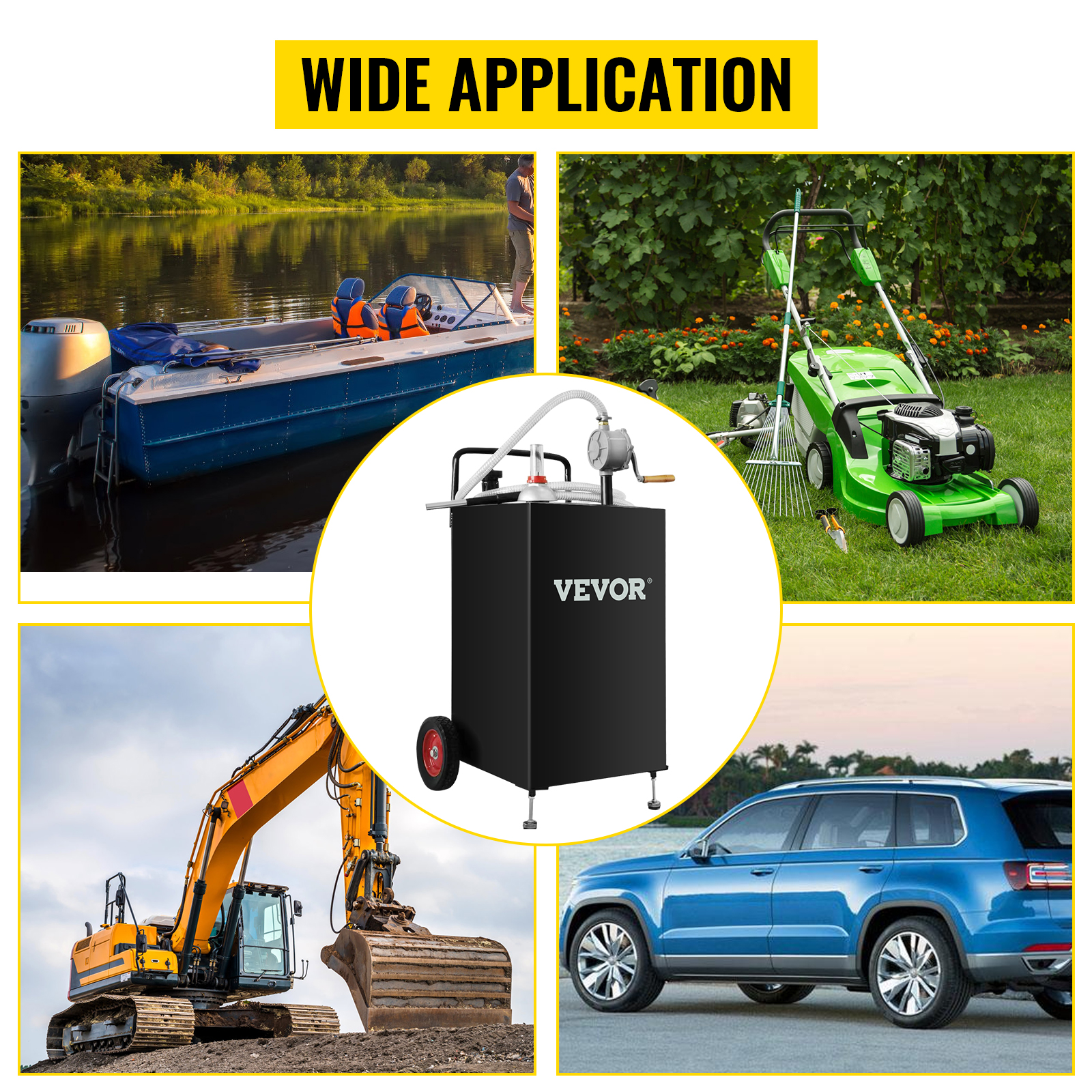 VEVOR fuel caddy for versatile use with boats, lawn mowers, construction equipment, and cars.