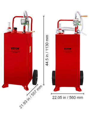 VEVOR fuel caddy in red, 20.9 x 20.9 x 37.8 inches, with wheels and hose, standing upright.