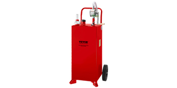 red VEVOR fuel caddy with wheels and attached hose, suitable for fuel transport and storage.