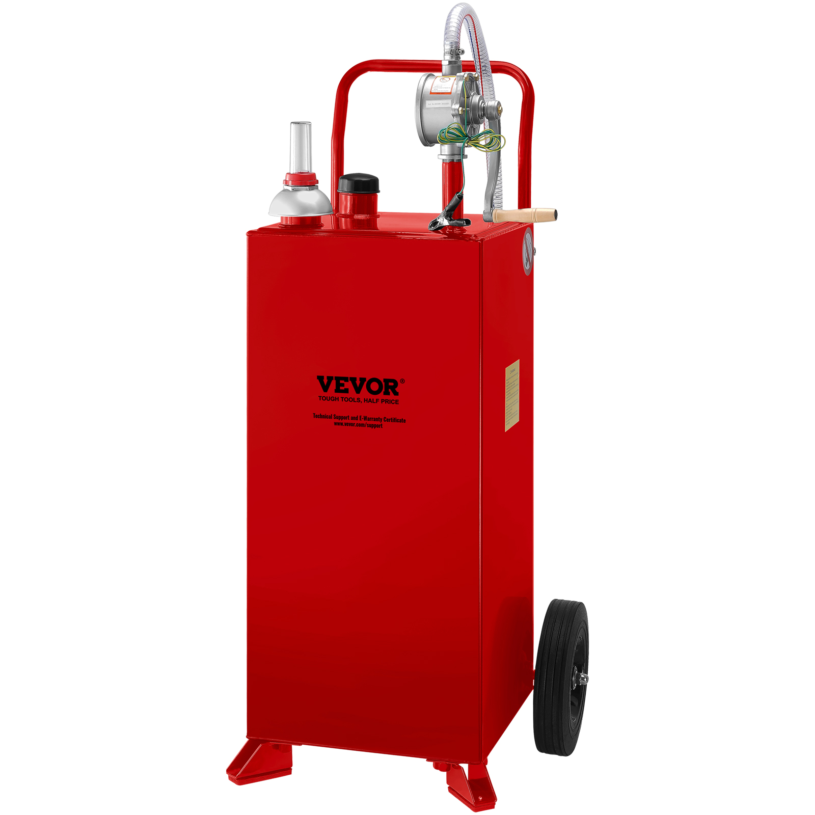 red VEVOR fuel caddy with wheeled base, fuel pump, and tubing on top.