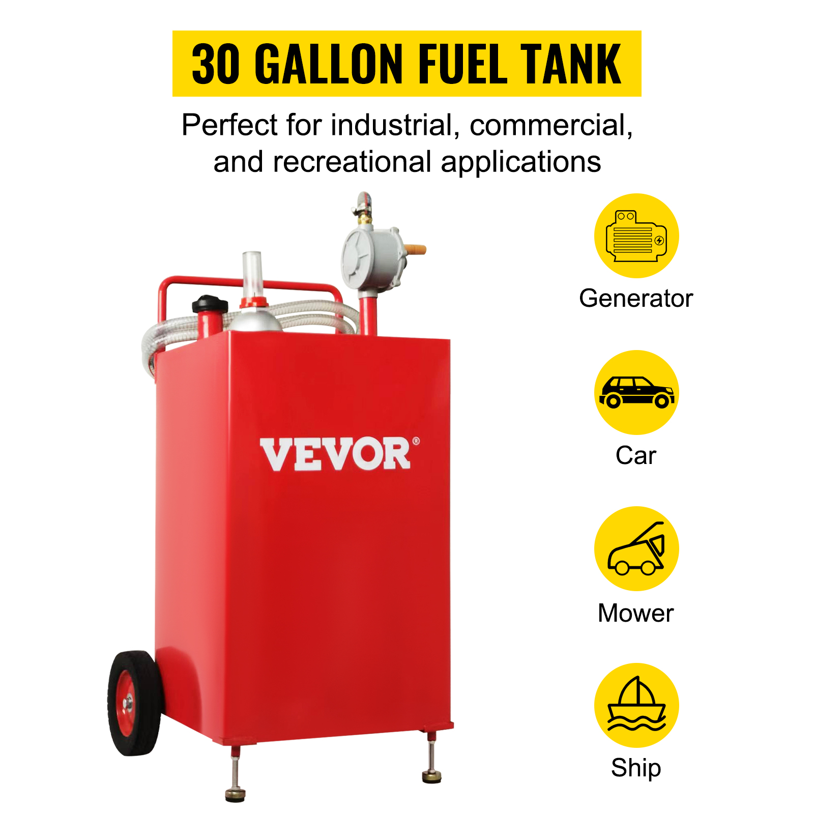 VEVOR fuel caddy, 30-gallon red tank with hose reel, ideal for generators, cars, mowers, and ships.
