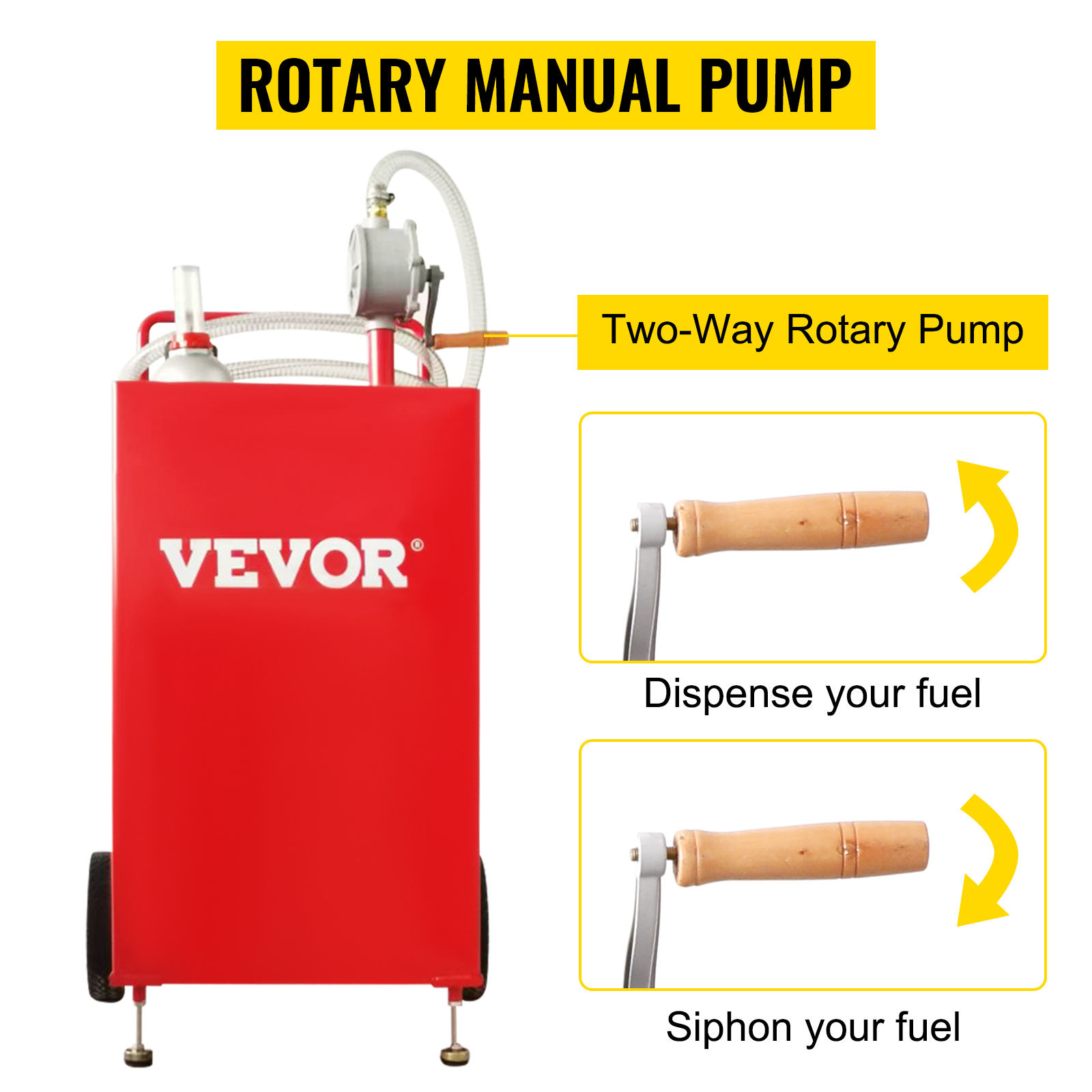 VEVOR fuel caddy with two-way rotary manual pump for fuel dispensing and siphoning. red tank.