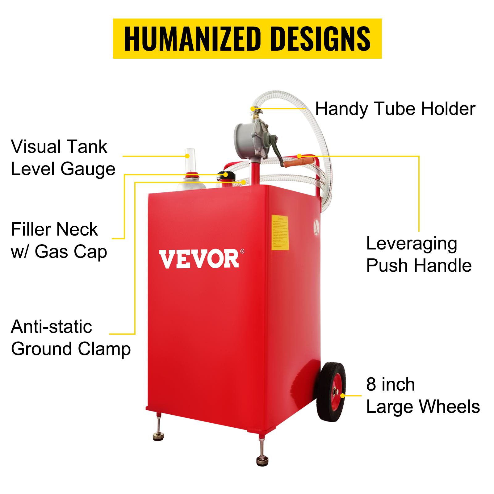VEVOR fuel caddy in red with visual tank level gauge, filler neck with gas cap, ground clamp, tube holder, handle, and large wheels.
