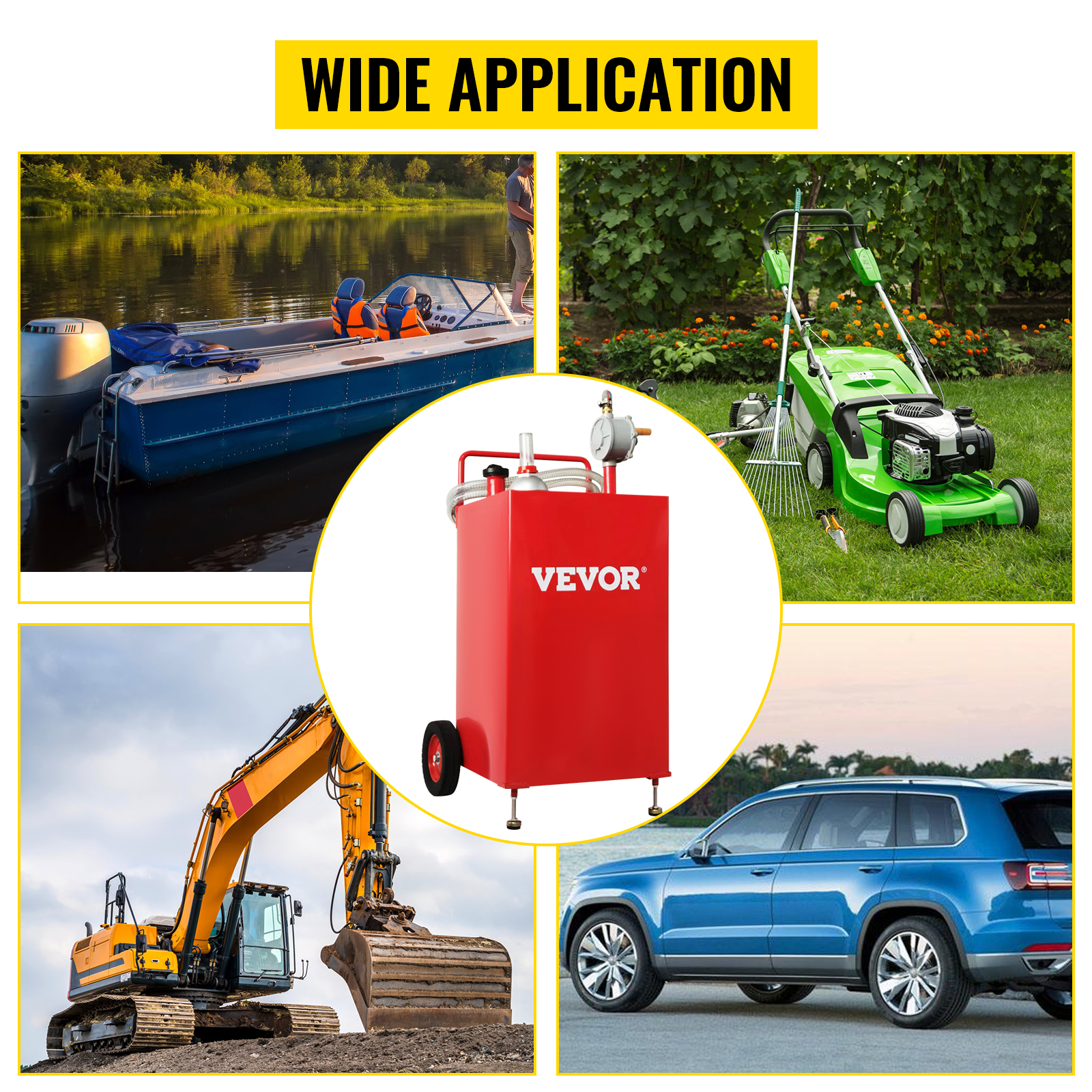 VEVOR fuel caddy with wide application: boat, lawnmower, excavator, and suv.