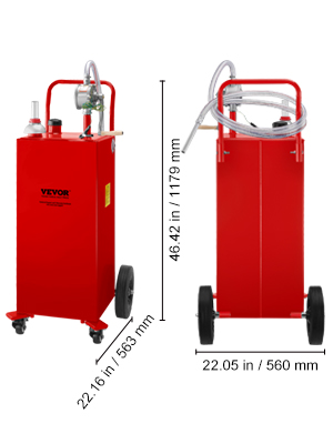 red VEVOR fuel caddy with wheels, hose, and pump; dimensions 20.9in x 20.9in x 37.8in.