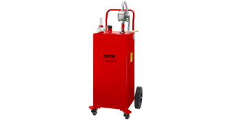 red VEVOR fuel caddy with wheels and hose highlighting portable fuel storage and dispensing.