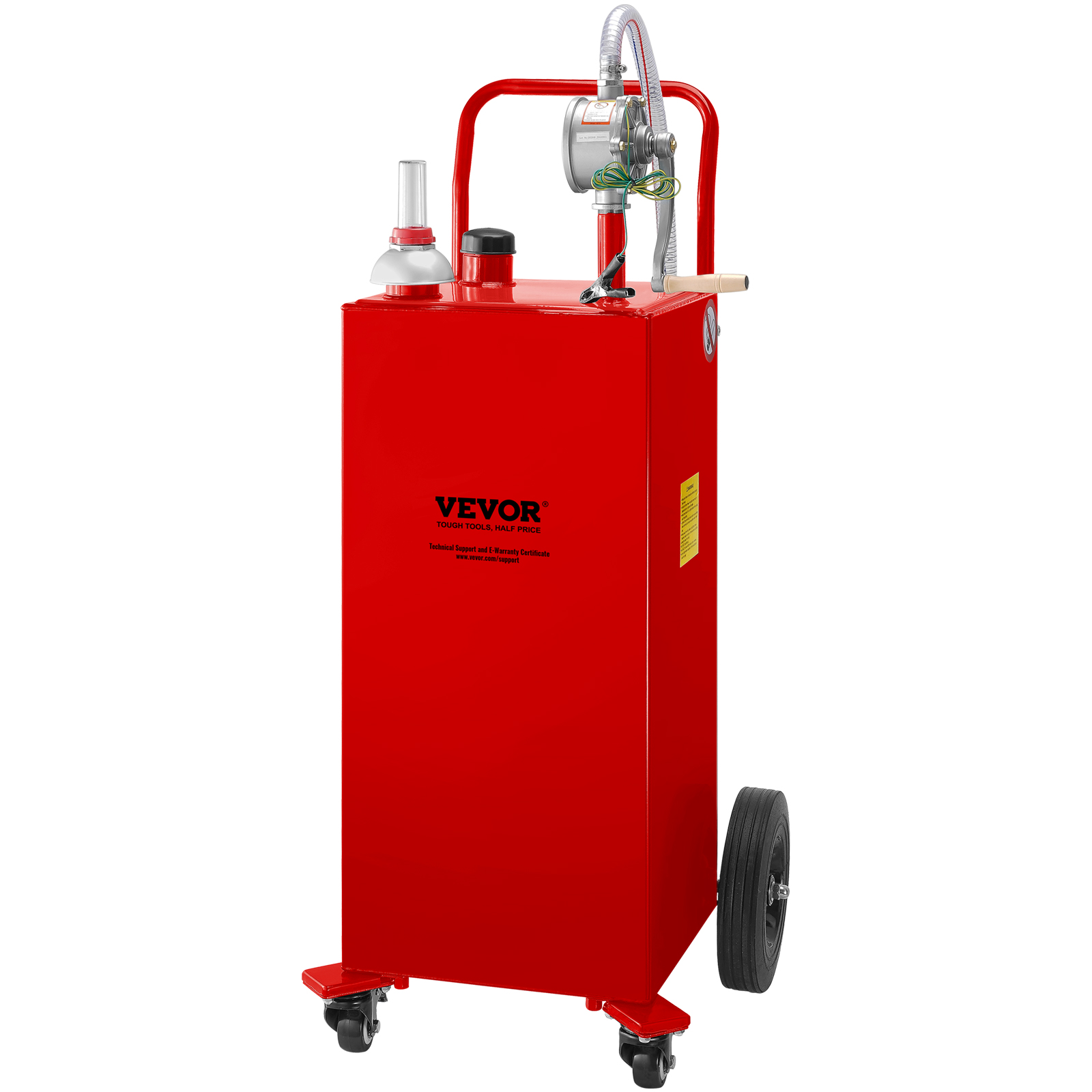 red VEVOR fuel caddy with hose, pump and wheels on one side for easy mobility and fuel transfer.