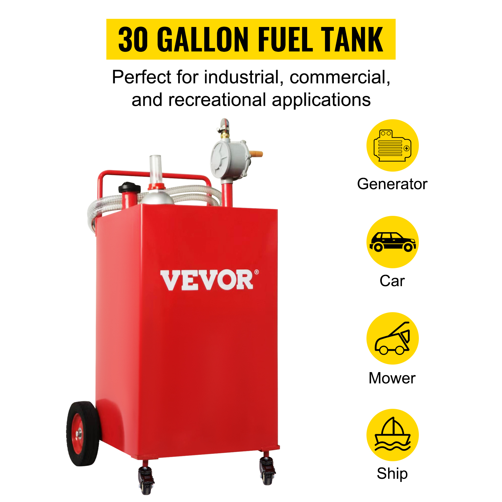 VEVOR fuel caddy 30-gallon red fuel tank with hose and pump for generator, car, mower, and ship.