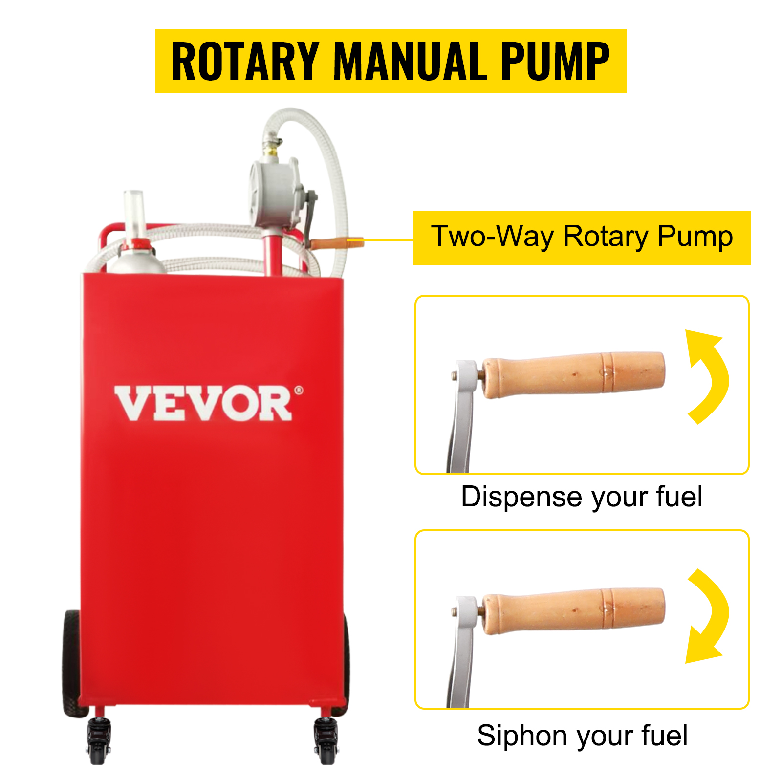 VEVOR fuel caddy with two-way rotary manual pump, red container, wooden handle for dispensing and siphoning fuel.