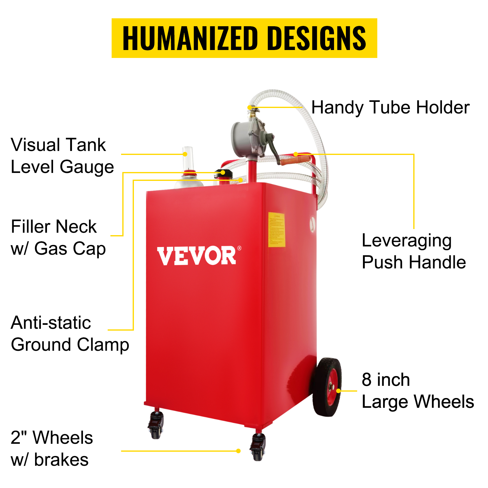 VEVOR fuel caddy with visual tank level gauge, filler neck, handy tube holder, and anti-static clamp.