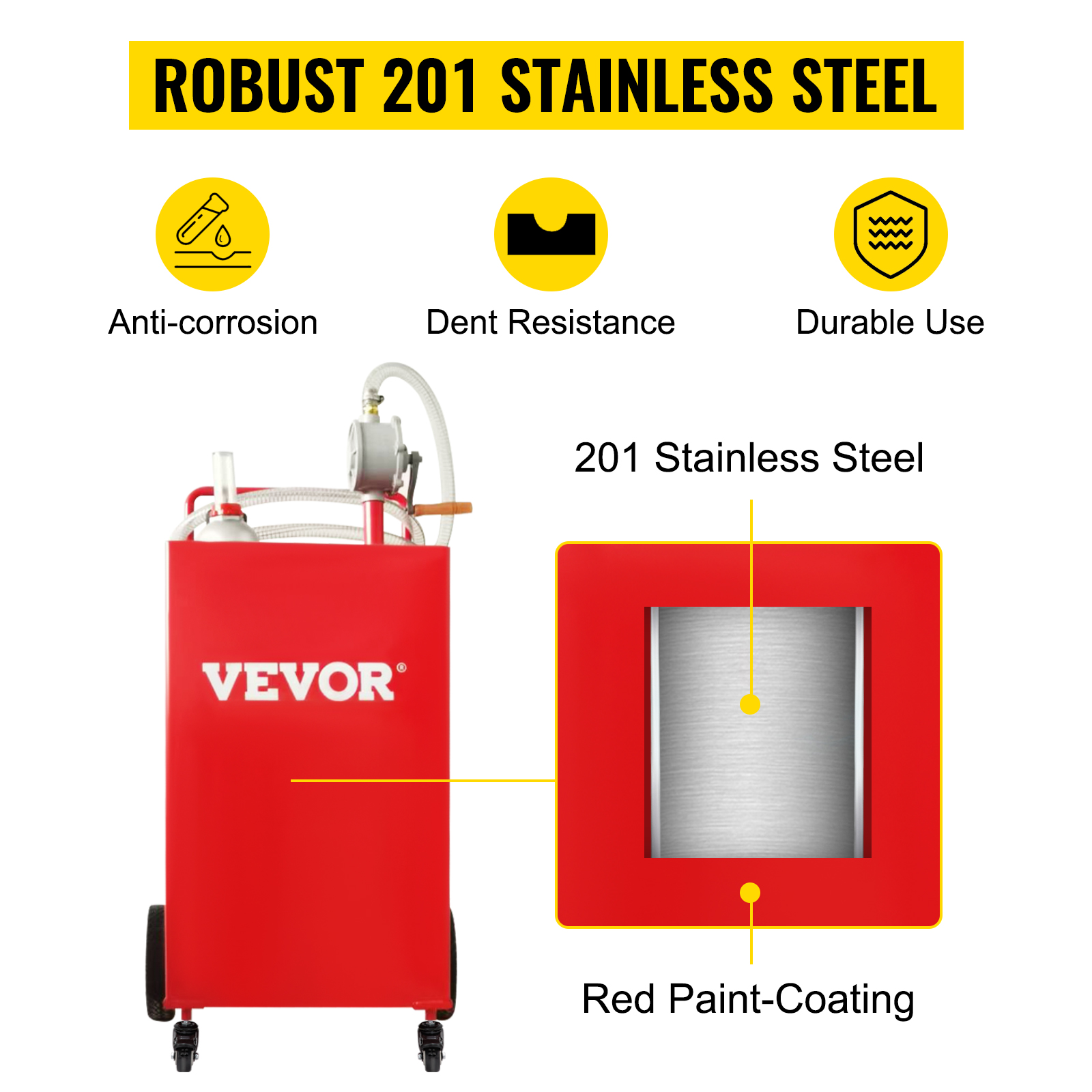 VEVOR fuel caddy with robust 201 stainless steel, anti-corrosion, dent resistance, and durable use.