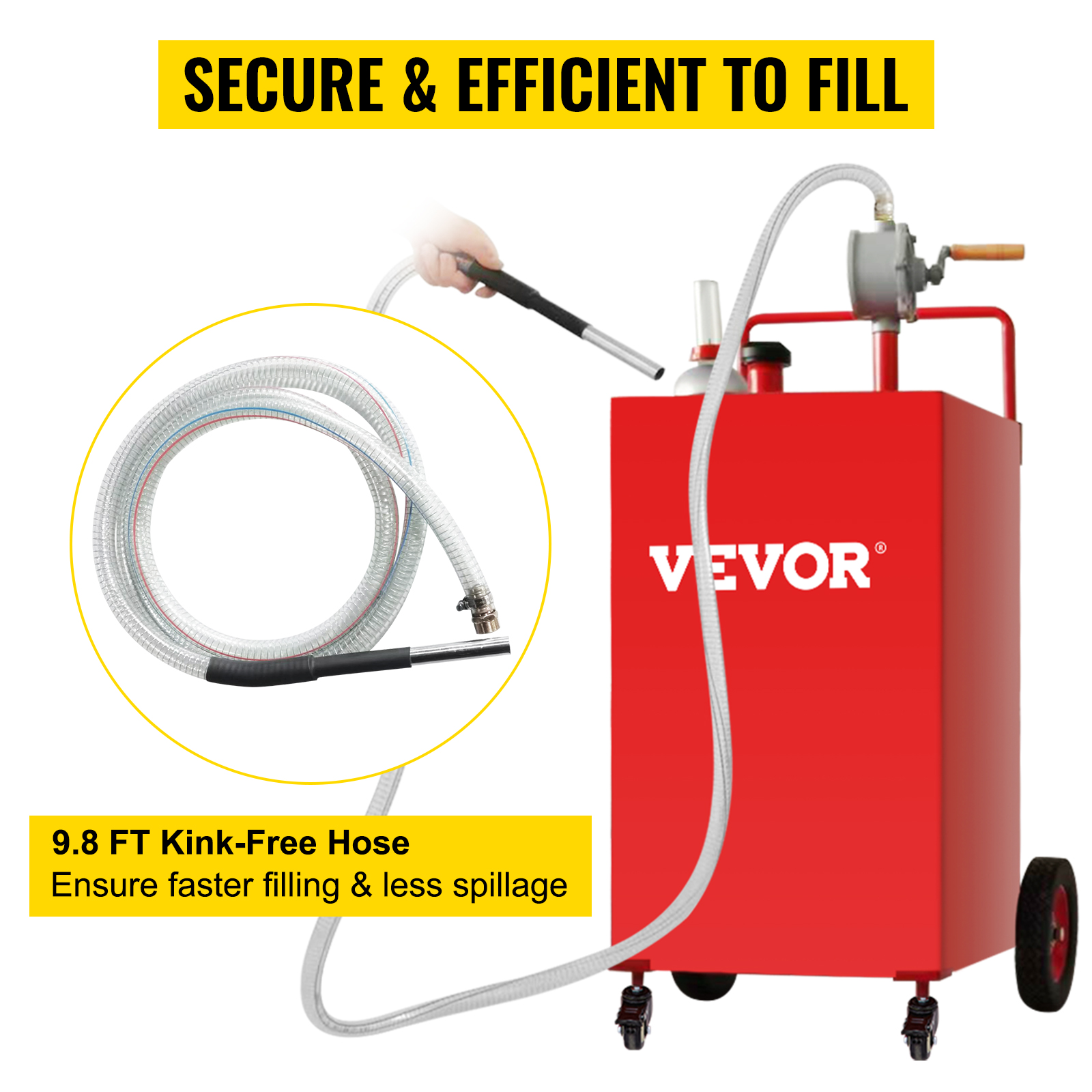 VEVOR fuel caddy with red body, kink-free 9.8 ft hose, and secure filling capabilities.