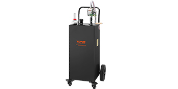 black VEVOR fuel caddy with pump, hose, and wheels for easy transport and refueling.