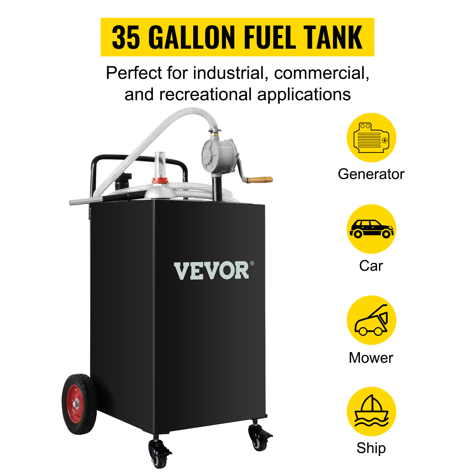 VEVOR fuel caddy 35 gallon fuel tank for generators, cars, mowers, and ships. ideal for versatile use.
