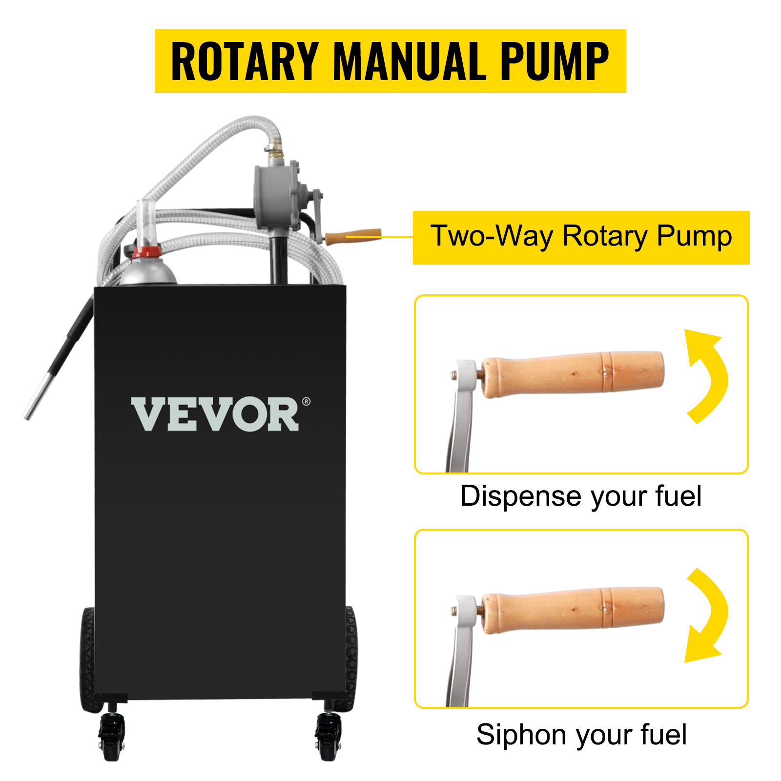 VEVOR fuel caddy with a rotary manual pump and two-way rotary handle for dispensing and siphoning fuel.