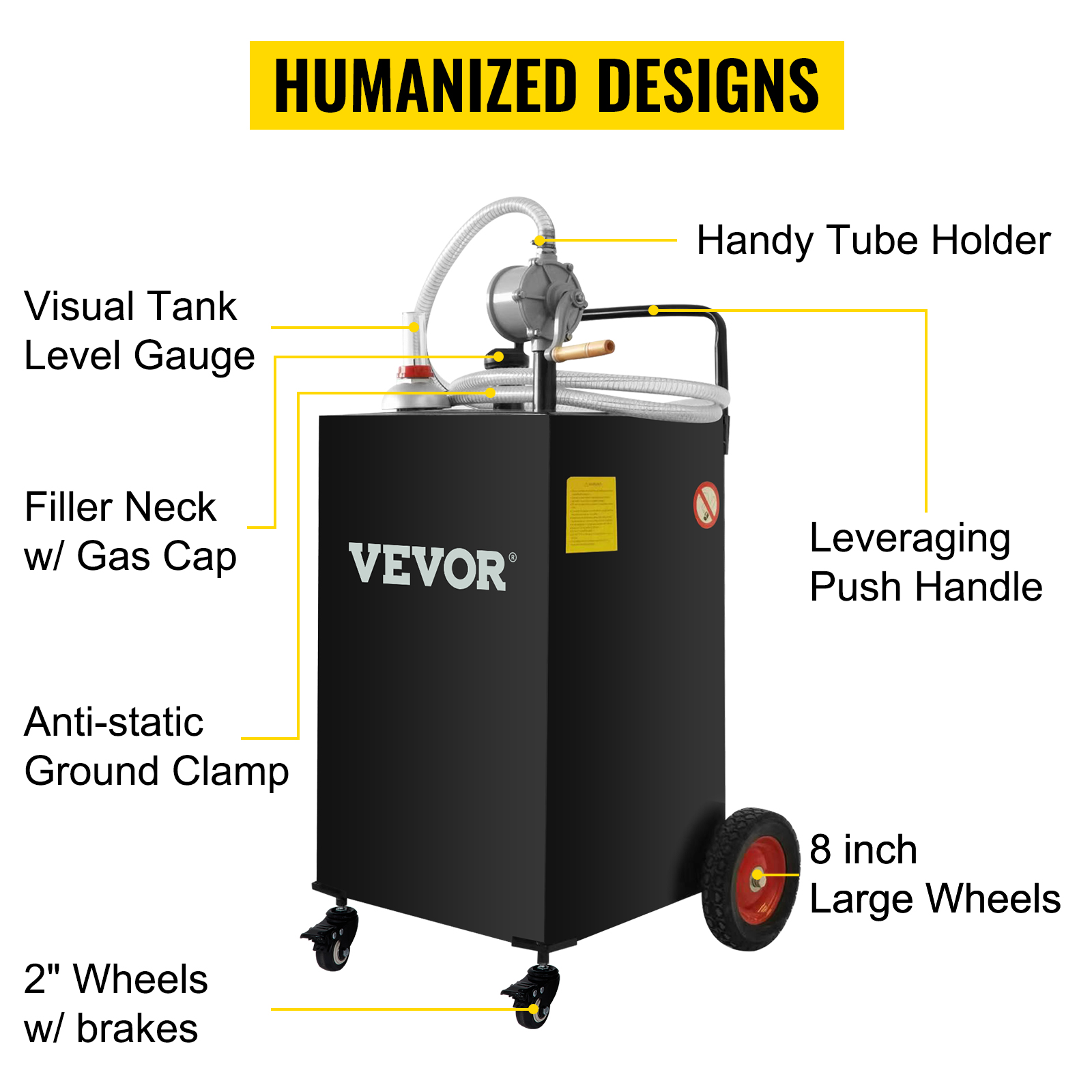 VEVOR fuel caddy with visual tank level gauge, filler neck, push handle, and 8-inch wheels.