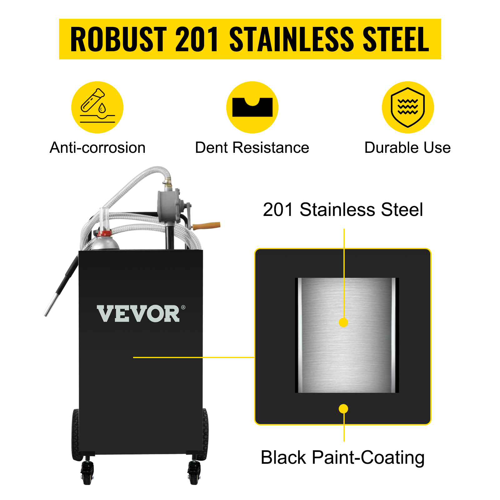 VEVOR fuel caddy with robust 201 stainless steel, anti-corrosion, dent resistance, and black paint coating.