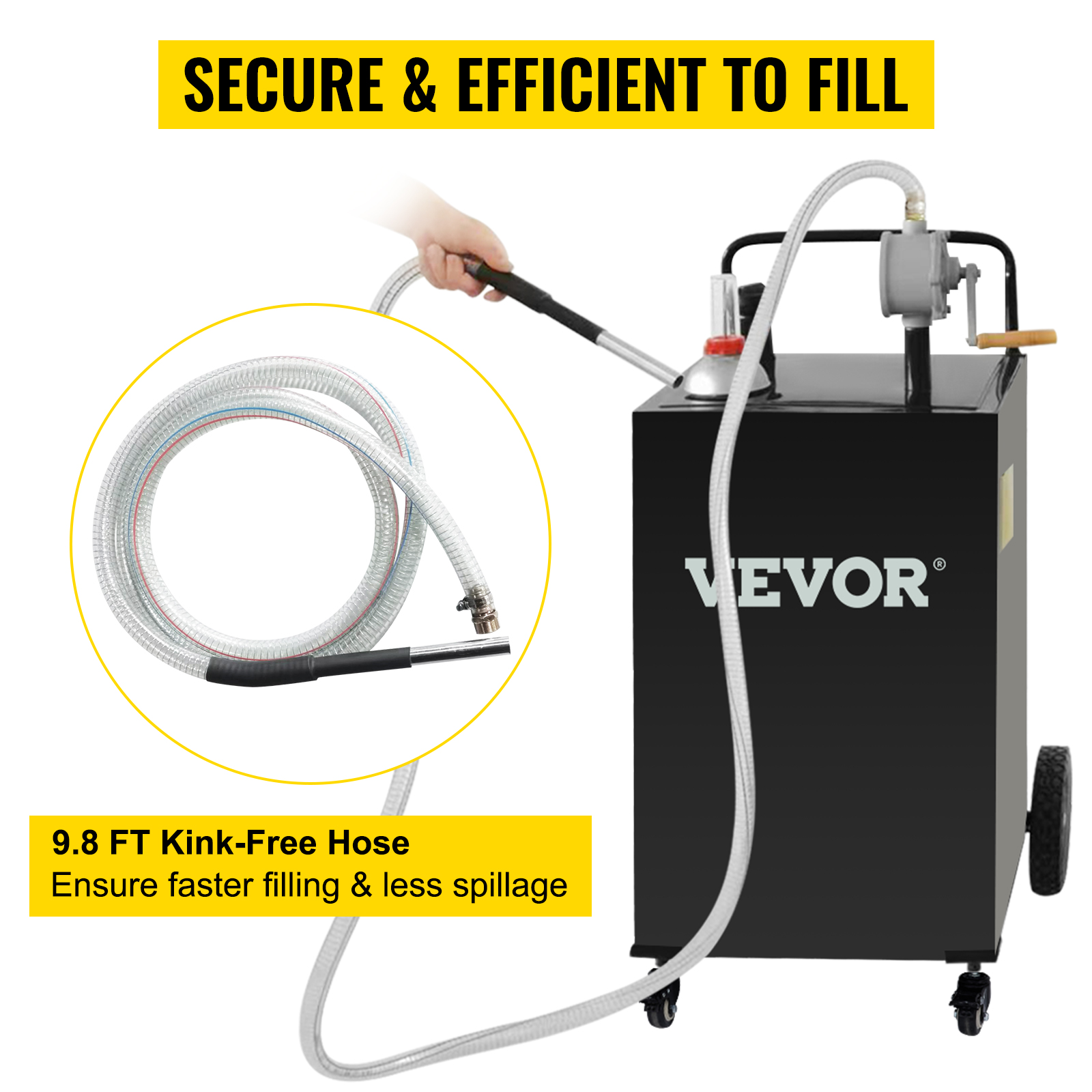 VEVOR fuel caddy with 9.8 ft kink-free hose, ensuring secure and efficient fuel fills.
