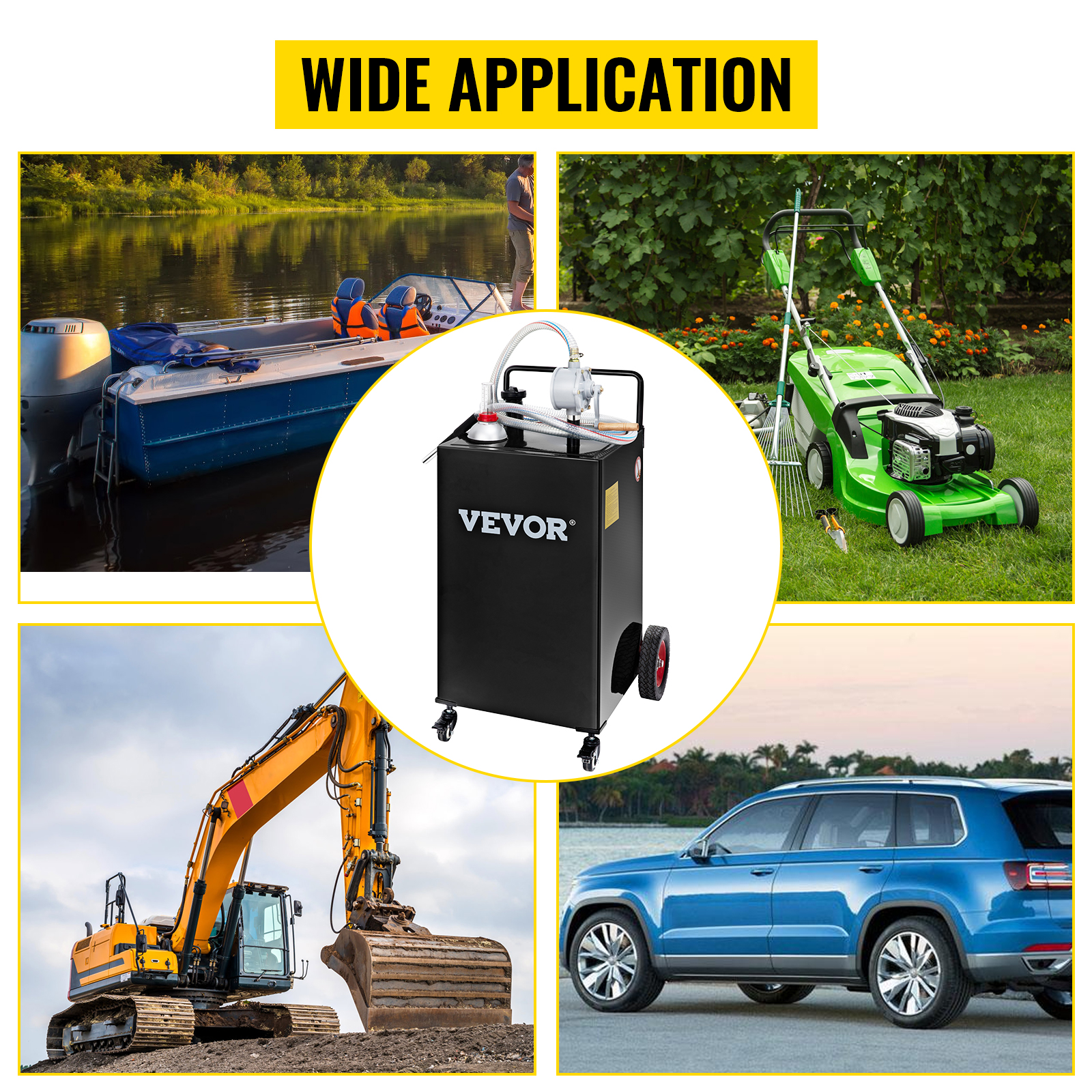VEVOR fuel caddy with illustration of usage in boats, lawn mowers, excavators, and suvs. wide application.