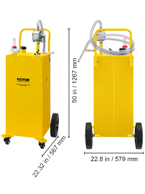 yellow VEVOR fuel caddy with wheels, pump, and hose, measuring 41.7 x 20.9 inches.