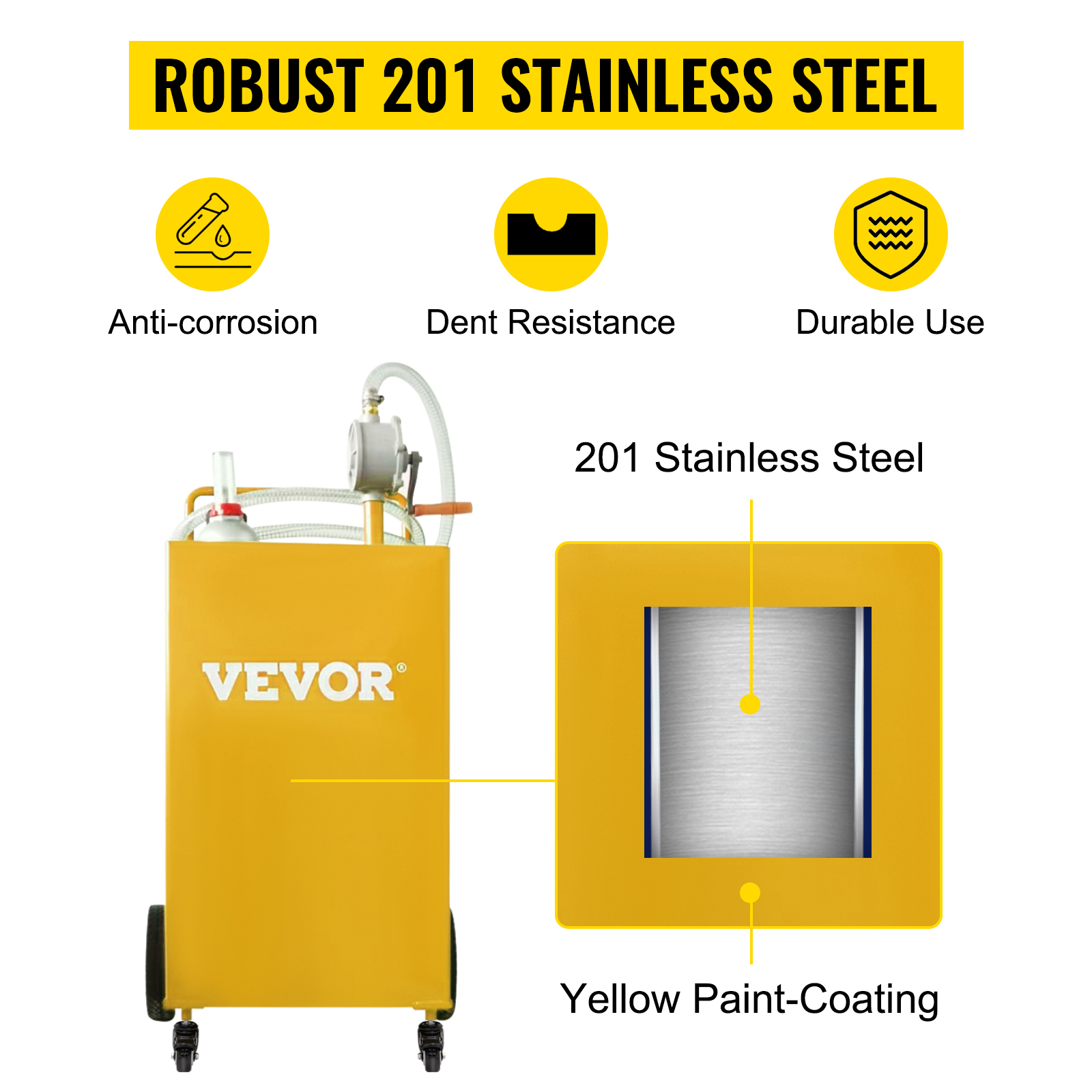 VEVOR fuel caddy made from robust 201 stainless steel with anti-corrosion, dent resistance, and yellow coating.