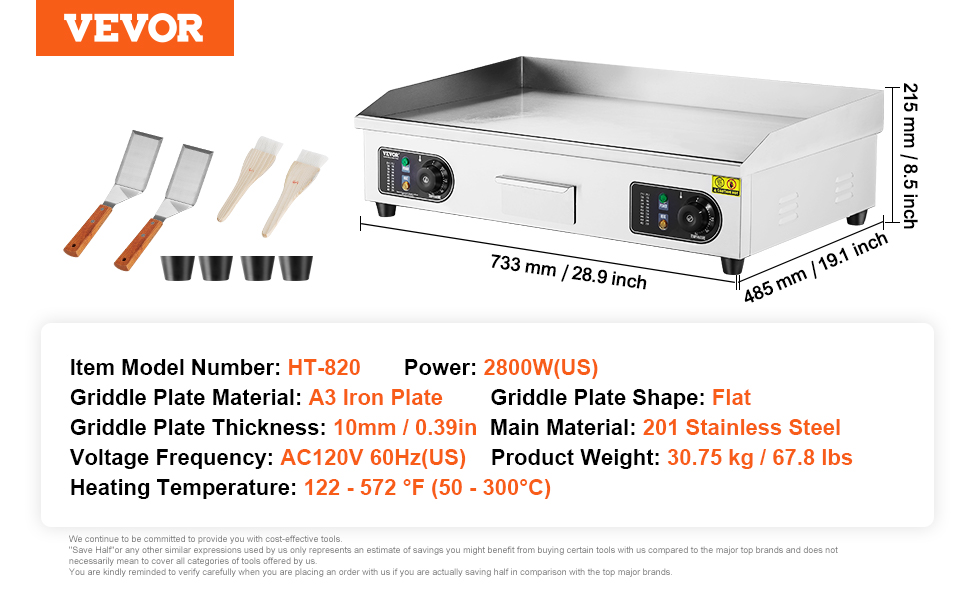 VEVOR electric griddle ht-820 with stainless steel body, flat a3 iron plate, and control panel.