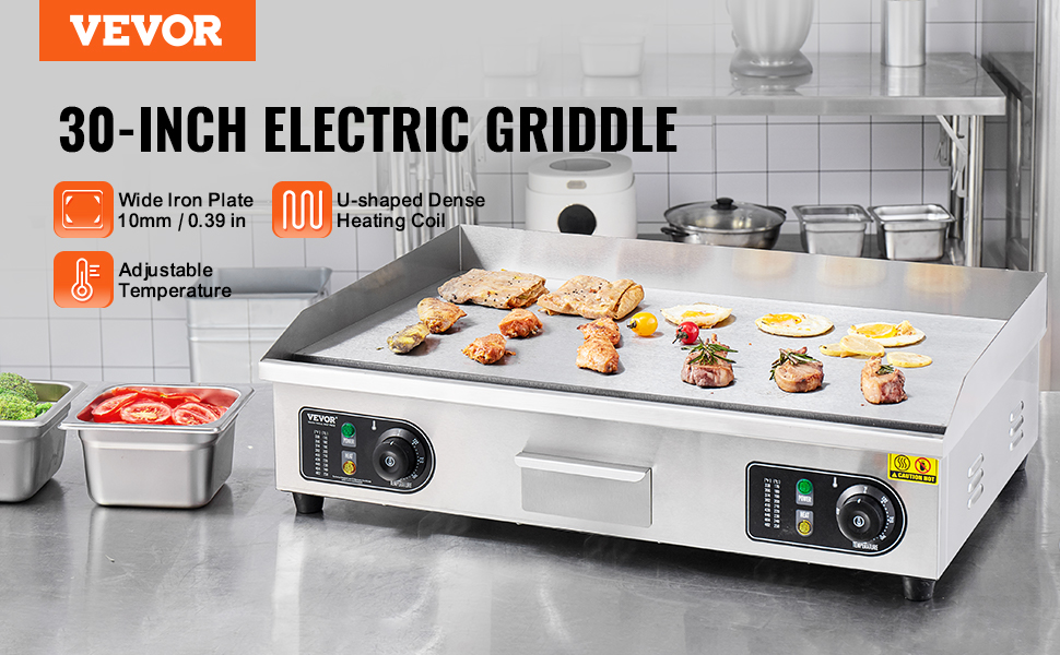 VEVOR electric griddle in a commercial kitchen, cooking meat, vegetables, and eggs.