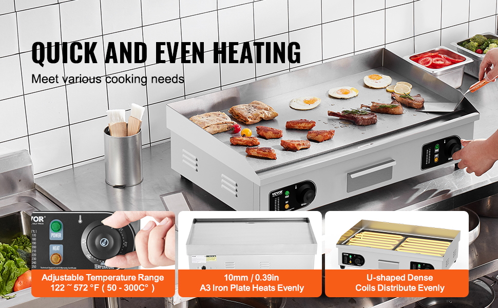 VEVOR electric griddle demonstrating quick and even heating, grilling meats and eggs, ideal for professional kitchens.