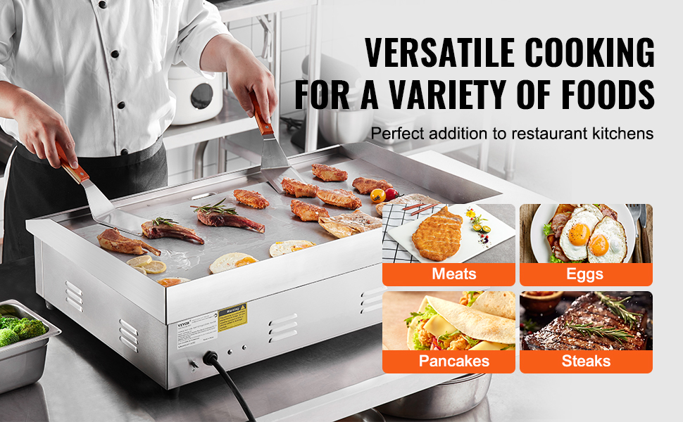 chef cooking meats and eggs on VEVOR electric griddle; text highlights versatility in restaurant kitchens.