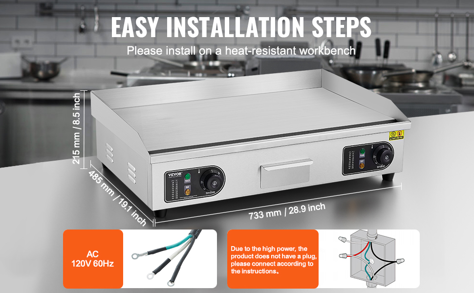 VEVOR electric griddle dimensions, installation steps, ac 120v 60hz connection instructions.