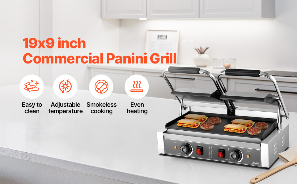 Gril Panini électrique VEVOR 3600 W - Double Presse à Sandwich, Plaques Rainurées 48,5x23 Cm, Réglage Température