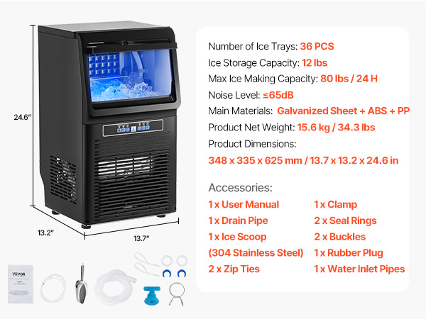Machine à Glaçons sous Plan Encastrable, Appareil de Préparation de Glaçons Capacité 36,3 kg/24 h, avec Pompe de Vidange et Porte Réversible en Acier Inoxydable, pour Cuisine Bar Bureau Maison