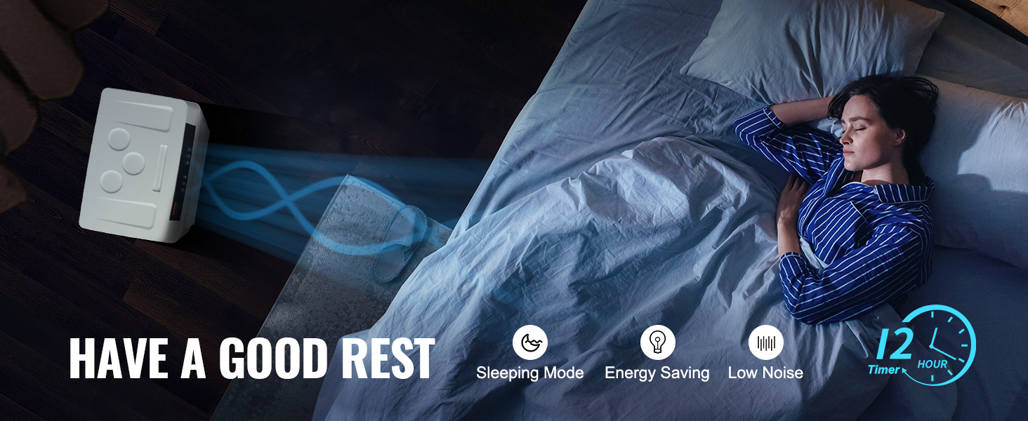 VEVOR evaporative air cooler in sleeping mode cooling a bedroom, promoting energy saving and low noise.